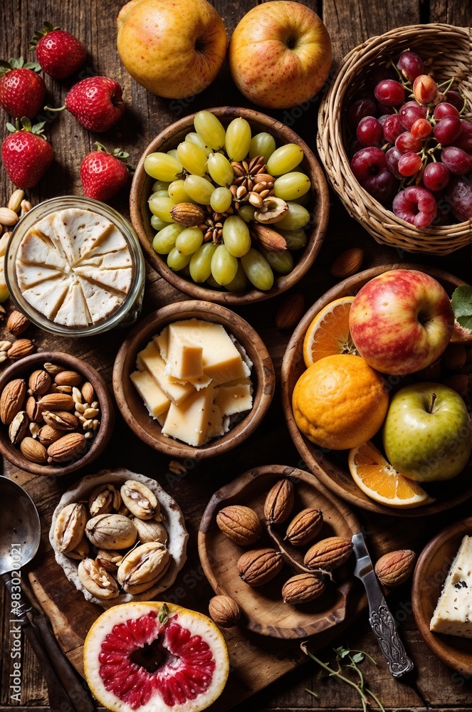 An overhead shot of a rustic table adorned with fresh fruits, nuts, and cheeses artfully arranged. Natural colours and textures create an inviting, appetizing display under soft daylight. An overhead shot of a rustic table adorned with fresh fruits, nuts, and cheeses artfully arranged. Natural colours and textures create an inviting, appetizing display under soft daylight.