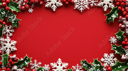 Festive border arrangement of holly leaves, red berries, and snowflakes on a vibrant red background for holiday decorations