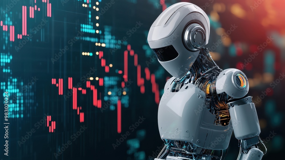 A futuristic robot analyzing financial data with digital charts in the background, representing technology and innovation in finance. A futuristic robot analyzing financial data with digital charts in the background, representing technology and innovation in finance.