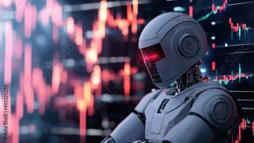 Wallpaper Mural A futuristic robot analyzing stock market trends with dynamic data visuals in the background, symbolizing technology and finance. Torontodigital.ca
