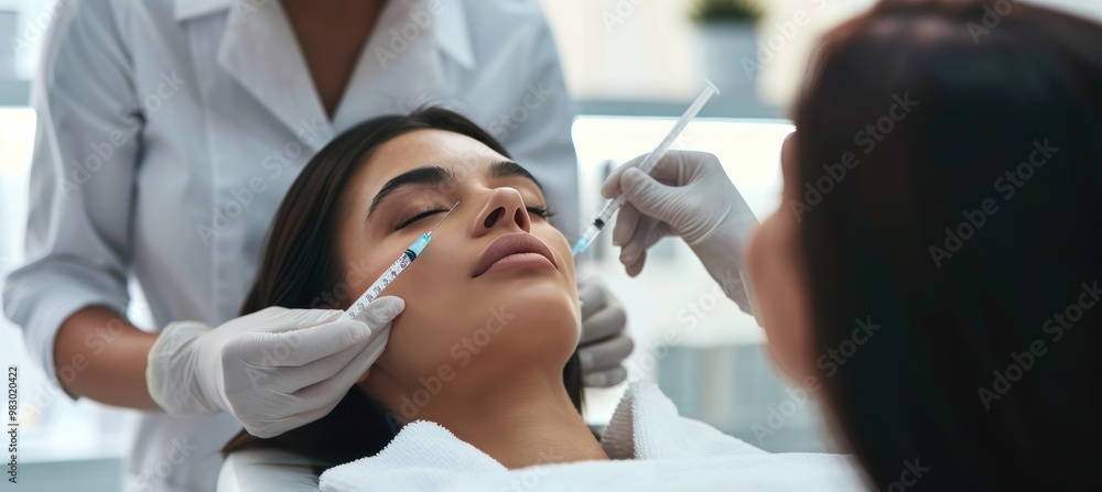 Beautician administering botox treatment to a woman's face for wrinkle reduction. Beautician administering botox treatment to a woman's face for wrinkle reduction.
