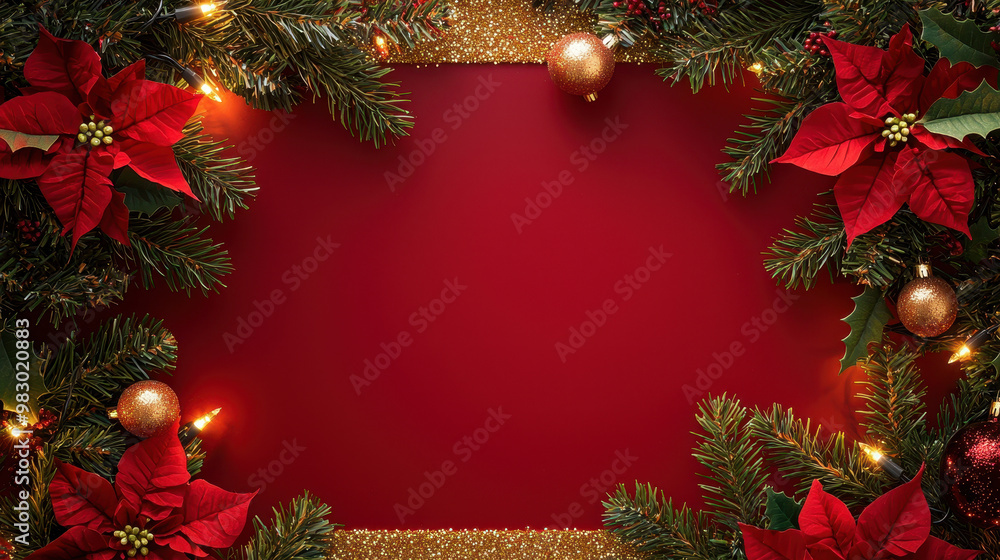 Obraz premium Festive holiday composition with vibrant poinsettias, golden ornaments, and lush pine branches on a rich red background