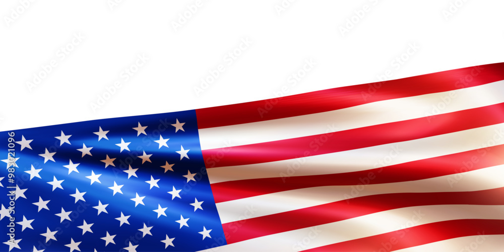 Obraz premium Realistic national American flag isolated on white background. Wavy flag of the United States of America. Patriotic symbol USA for Independence day, Veterans day, Memorial day. 3d vector illustration