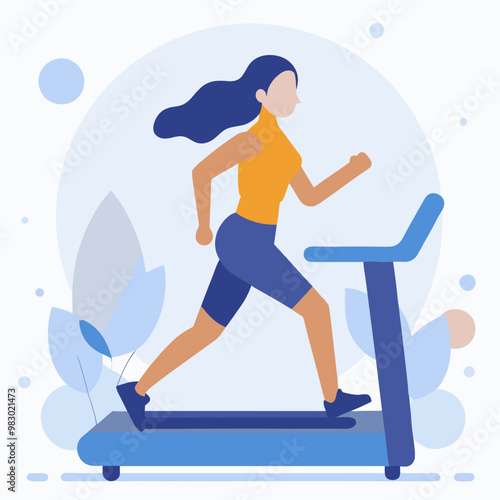 A woman is running on a treadmill. The image has a bright and energetic mood, with the woman's movements and the colorful outfit she is wearing. The background features a plant
