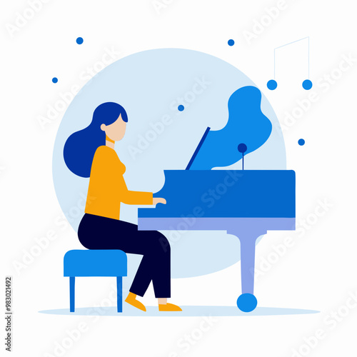 A woman is playing the piano. The piano is blue and the woman is sitting on a stool