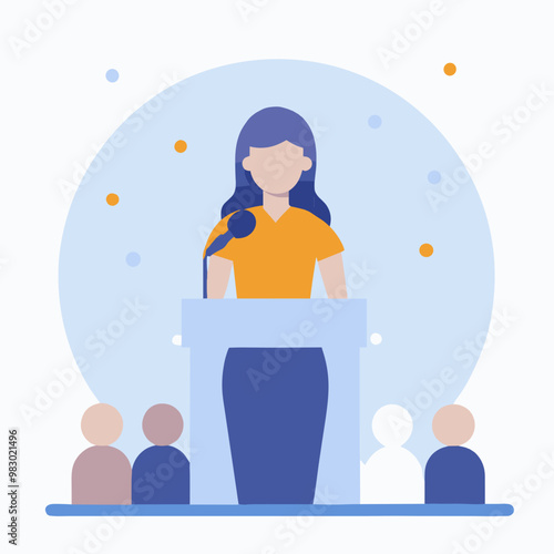 A woman is standing at a podium and speaking to a crowd. Concept of importance and authority, as the woman is the center of attention and the audience is listening to her