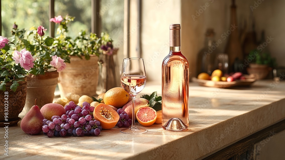 A Glass of Rose Wine with Fresh Fruit on a Sunny Kitchen Counter A Glass of Rose Wine with Fresh Fruit on a Sunny Kitchen Counter