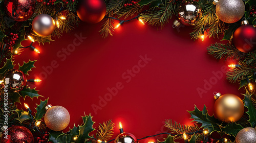 Festive arrangement of colorful Christmas ornaments and holly leaves with fairy lights on a rich red background, perfect for holiday designs