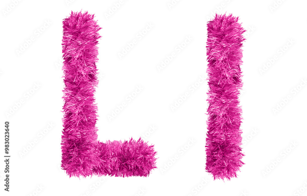letter L made from New Year's tinsel, isolated Christmas tinsel, tinsel garland letter L made from New Year's tinsel, isolated Christmas tinsel, tinsel garland