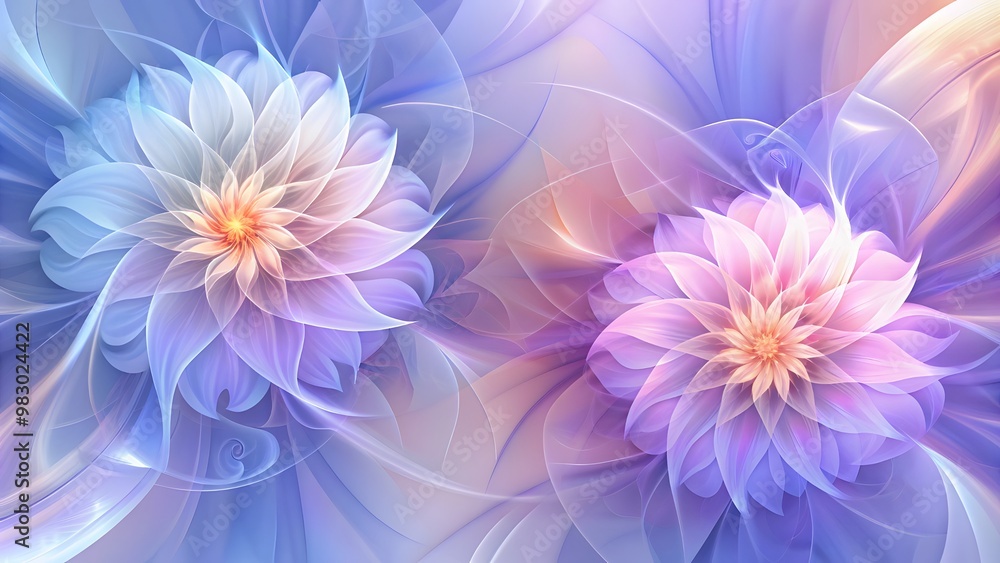 Obraz premium Three abstract botanical wall art panels in blue and orange with translucent flowers. Wall art panels with abstract botanical designs