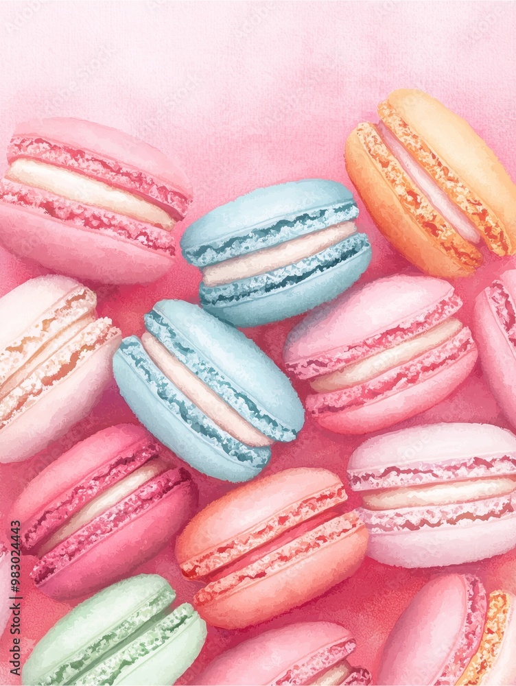 Colorful macarons scattered on a pink gradient background. Colorful macarons scattered on a pink gradient background.