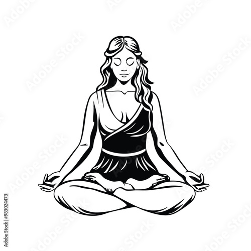 a Young woman is meditating girl sits in a lotus position and meditates, Vector silhouette, on an isolated white background  