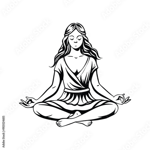 a Young woman is meditating girl sits in a lotus position and meditates, Vector silhouette, on an isolated white background 