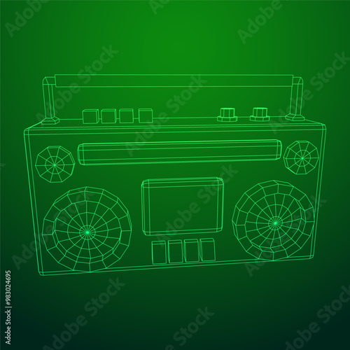 Retro Boombox outdated portable cassette tape recorder. Wireframe low poly mesh vector illustration.