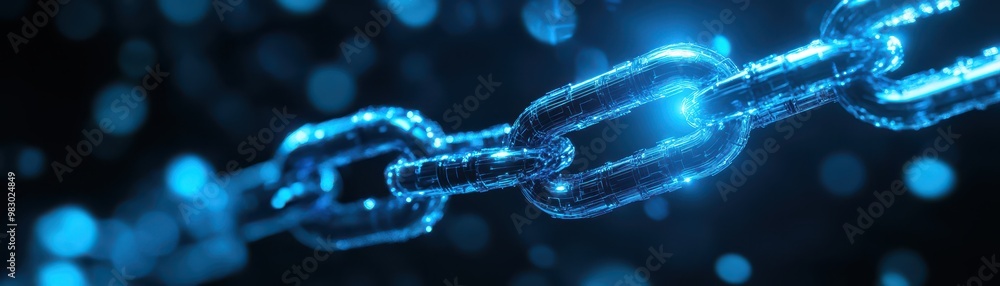 Fototapeta premium Close-up of a glowing blue chain link against a dark background, symbolizing connection and strength.