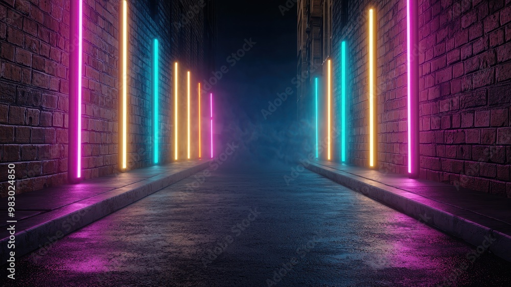 A vibrant alleyway illuminated by neon lights, creating a futuristic and surreal atmosphere for artistic backgrounds.