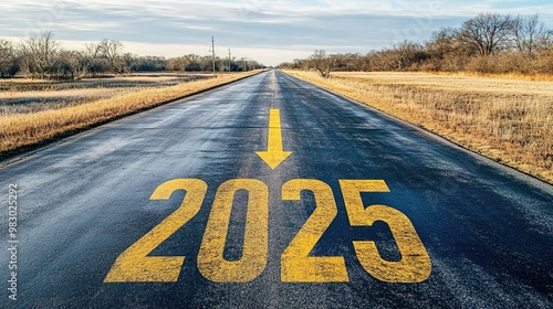  A long, empty asphalt road leads into the distance, with the yellow numbers "2025" written on it and an arrow pointing forward 