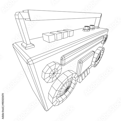 Retro Boombox outdated portable cassette tape recorder. Wireframe low poly mesh vector illustration.