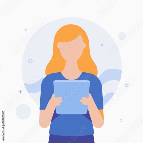 A woman is holding a tablet in her hand. She is wearing a blue shirt and has long blonde hair