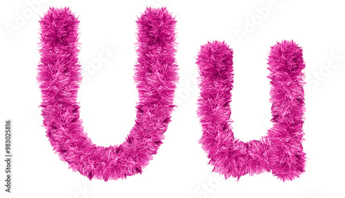 letter U made from New Year's tinsel, isolated Christmas tinsel, tinsel garland