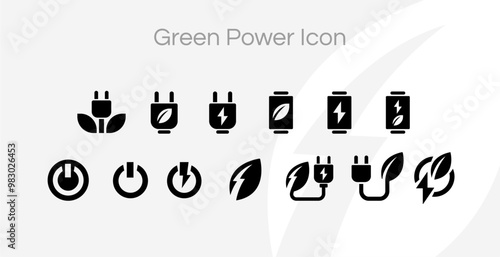 Green electricity and battery for sustainable power energy icon set