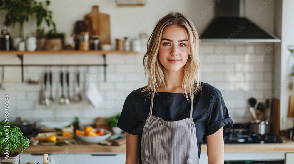 Beautiful Woman Cooking at Home in Light Modern Kitchen Beautiful Woman Cooking at Home in Light Modern Kitchen