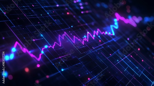 Futuristic Neon Data Visualization: Dynamic Financial Analytics and Technological Insights with Glowing Abstract Grid Patterns