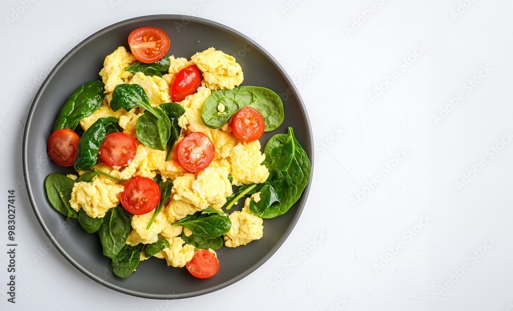 A nutritious plate of scrambled eggs with fresh spinach and cherry tomatoes, perfect for a healthy breakfast or brunch. A nutritious plate of scrambled eggs with fresh spinach and cherry tomatoes, perfect for a healthy breakfast or brunch.
