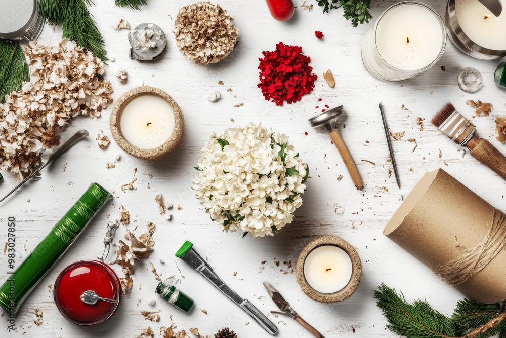 Artisanal Candle-Making on Rustic Kitchen Table - Warm Mood with Handmade Flower-Shaped Candles and Vintage Tools, Midday Craft Session Artisanal Candle-Making on Rustic Kitchen Table - Warm Mood with Handmade Flower-Shaped Candles and Vintage Tools, Midday Craft Session