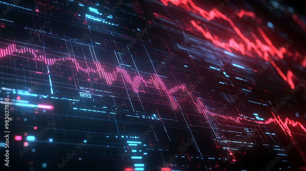 Obraz premium Vibrant Data Visualization: Financial and Technological Analytics with Neon Grid Highlights