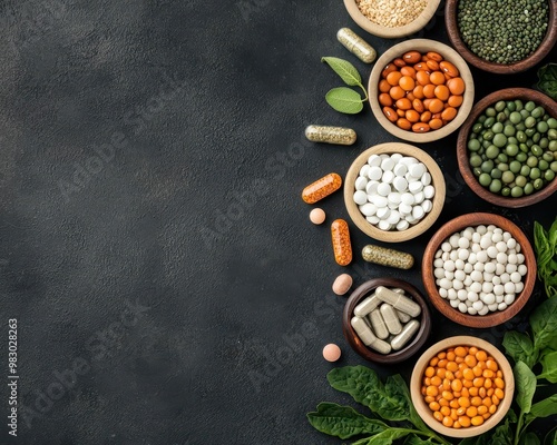 Flatlay of vegan supplements with legumes and green vegetables, plant-based nutrition, vegan flatlay photo