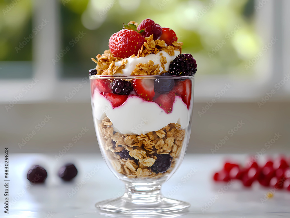 Greek Yogurt Parfait Layered with Vibrant Berries and Granola in a Clear Glass Greek Yogurt Parfait Layered with Vibrant Berries and Granola in a Clear Glass