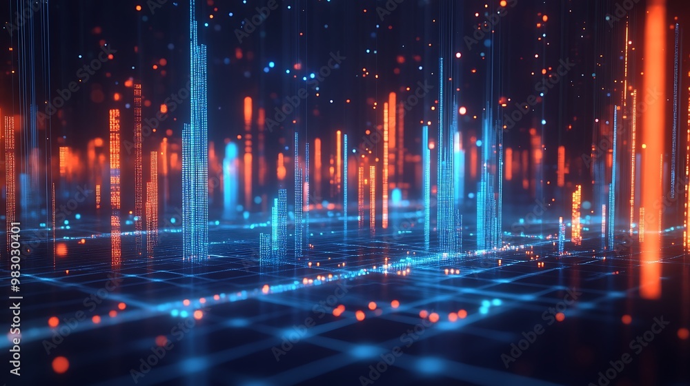 Obraz premium Vibrant Data Visualization: Financial and Technological Analytics with Neon Grid Highlights