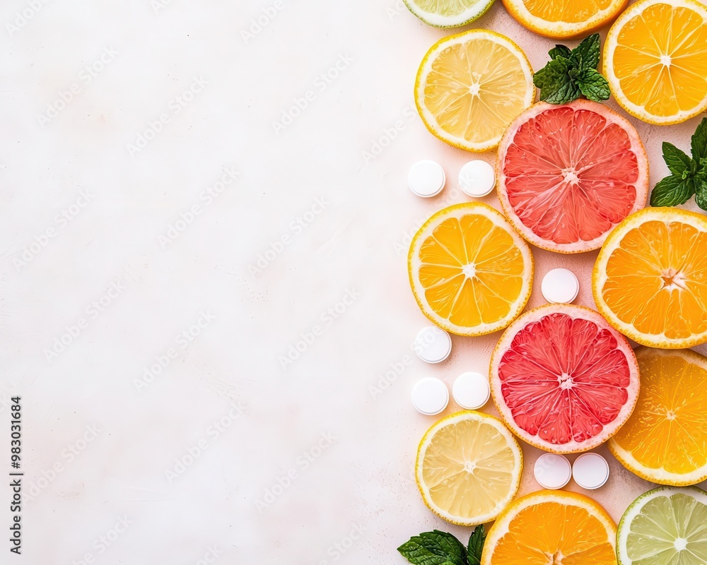 Flatlay of vitamin C effervescent tablets with water and citrus slices, refreshing health boost, vibrant nutrition flatlay Flatlay of vitamin C effervescent tablets with water and citrus slices, refreshing health boost, vibrant nutrition flatlay