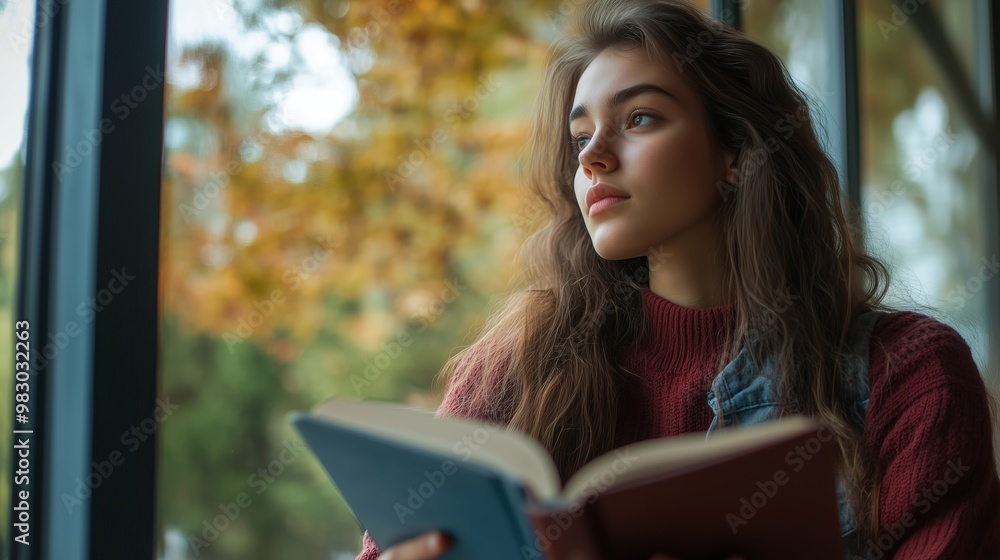 Obraz premium Young woman reading a book while enjoying a peaceful autumn afternoon by the window in a cozy café