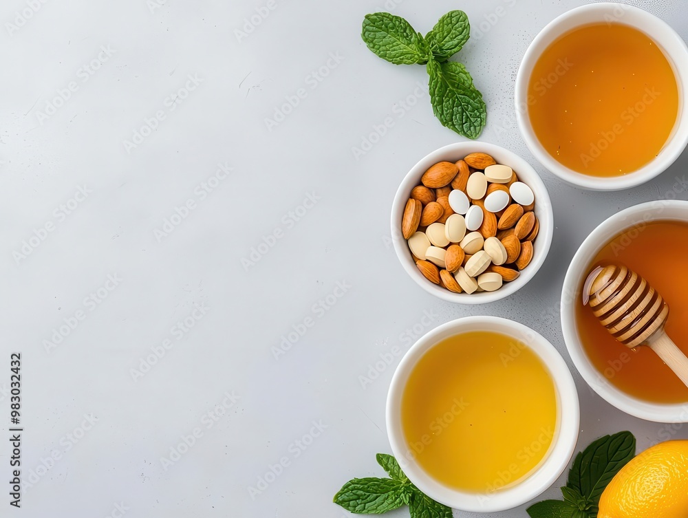 Flatlay of immune support vitamins with herbal teas and honey, natural immunity concept, nutrition flatlay Flatlay of immune support vitamins with herbal teas and honey, natural immunity concept, nutrition flatlay