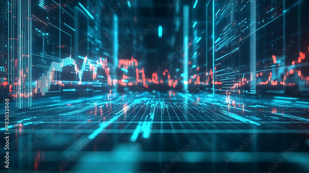Obraz premium Vibrant Data Visualization: Financial and Technological Analytics with Neon Grid Highlights