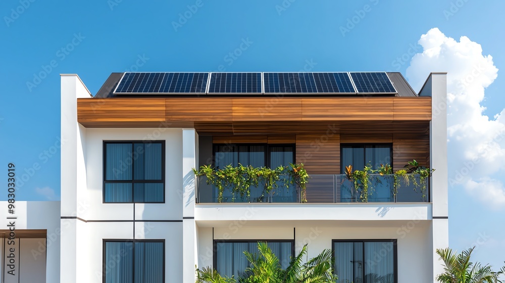 A modern home featuring solar panels and lush balcony greenery under a clear blue sky, showcasing sustainable living. A modern home featuring solar panels and lush balcony greenery under a clear blue sky, showcasing sustainable living.