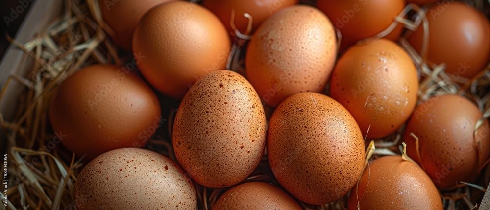Photograph of numerous eggs in straw, top view, close-up, natural lighting, soft shadows, high-resolution photography. Photograph of numerous eggs in straw, top view, close-up, natural lighting, soft shadows, high-resolution photography.