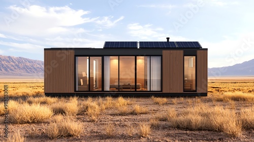 A modern, eco-friendly house in a vast desert landscape, featuring large windows and solar panels for sustainable living.