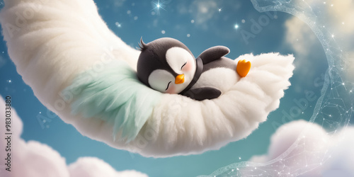Little cute cartoon penguin sleeping on a cloud decoration