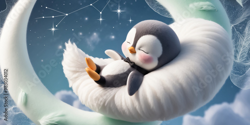 Little cute cartoon penguin sleeping on a cloud decoration