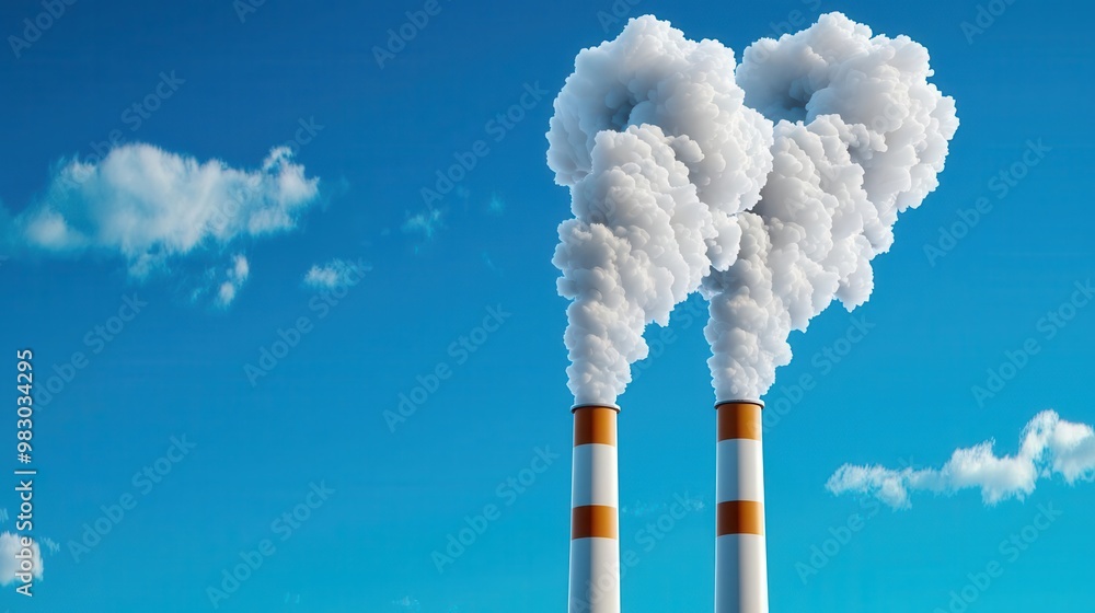 Factory chimneys emitting smoke, industrial pollution, 3D illustration Factory chimneys emitting smoke, industrial pollution, 3D illustration