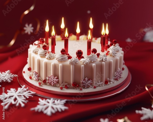 A festive white cake with red candles and snowflake decorations sits on a red tablecloth, perfect for a winter celebration.