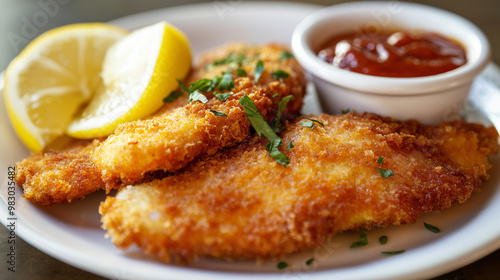 breaded fish with dipping sauce and lemon