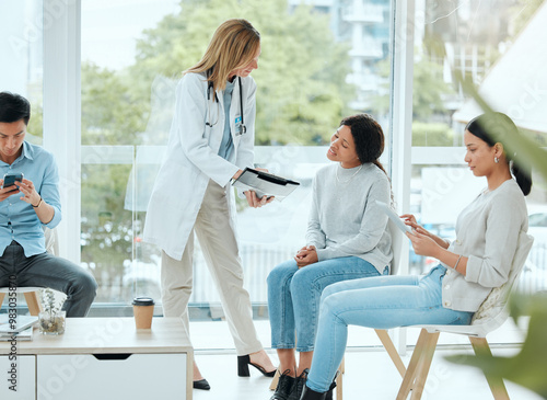 фотографія Women, doctor and smile for patient with form for clinical study, research and participation rules
