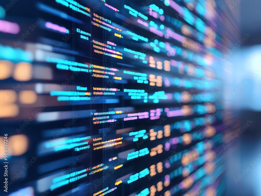 Bioinformatics tools analyzing large genetic data sets, flowing code and gene sequences, computational biology, AI-driven genomics research Bioinformatics tools analyzing large genetic data sets, flowing code and gene sequences, computational biology, AI-driven genomics research