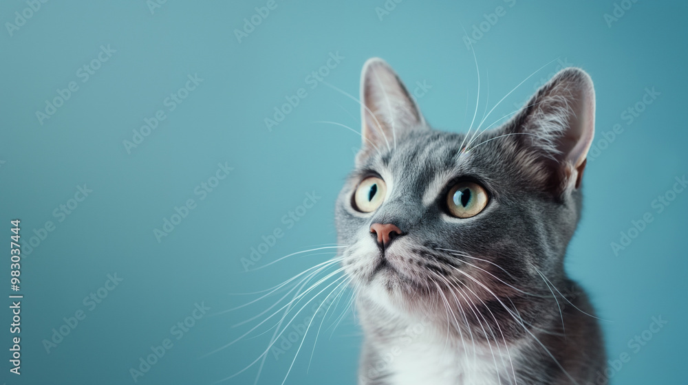 A curious gray cat gazes intently, with bright eyes against a soft blue background. A curious gray cat gazes intently, with bright eyes against a soft blue background.