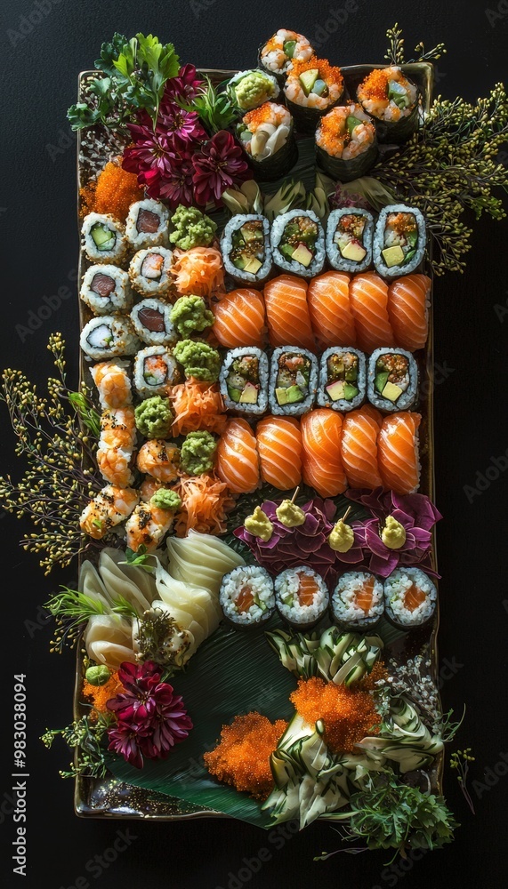 Fototapeta premium Creative New Year's Sushi Platter with Artistic Arrangements of Fresh Seafood Rolls