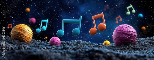 Colorful musical notes floating in space with glowing planets, surreal musical dreamscape, vibrant imagination